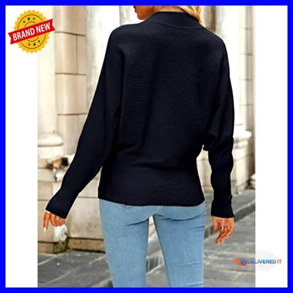 Ribbed Knit Turtleneck Pullover Batwing Sleeves Oversized Casual Soft Sweater - Picture 3 of 7